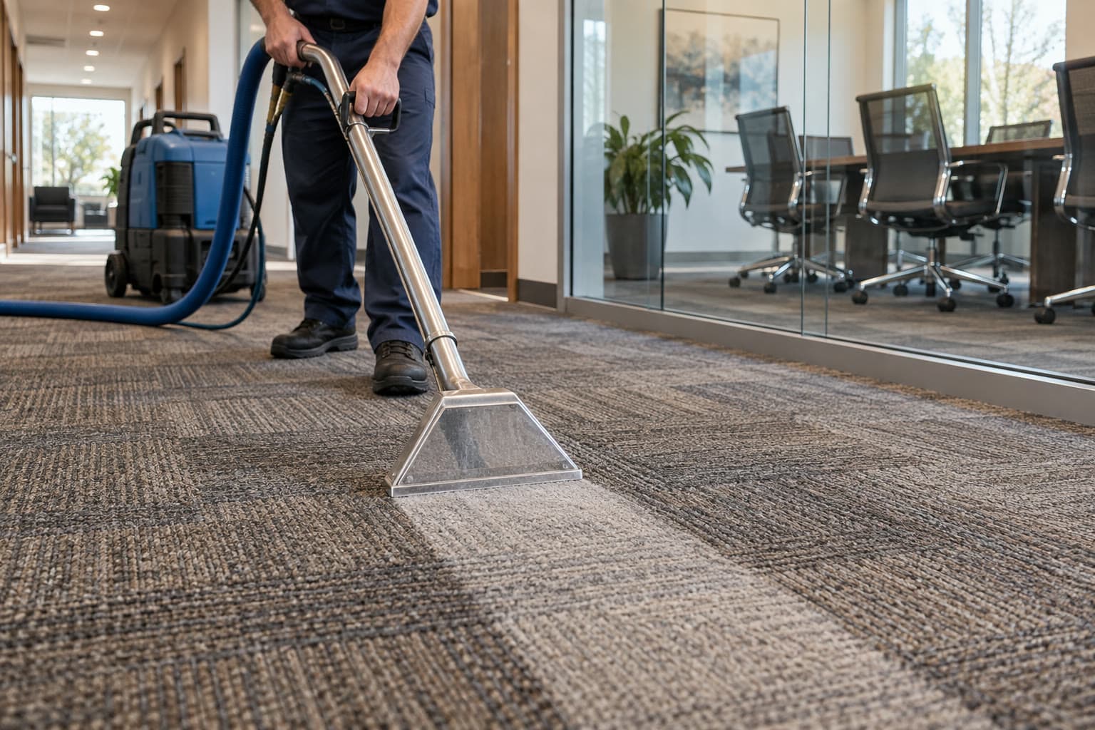 A technician extracting soil from commercial corridor carpet