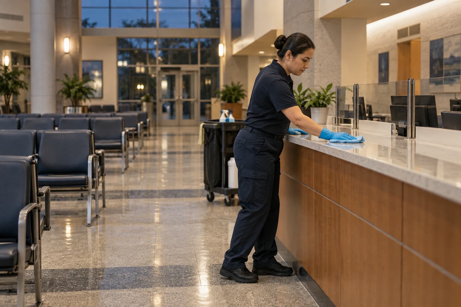 A cleaner wiping a civic building public service counter