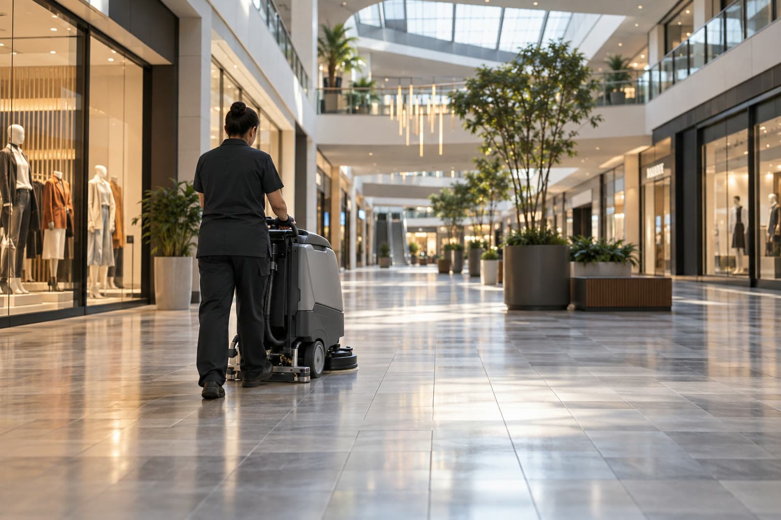 A cleaner operating a floor machine in a shopping-center concourse
