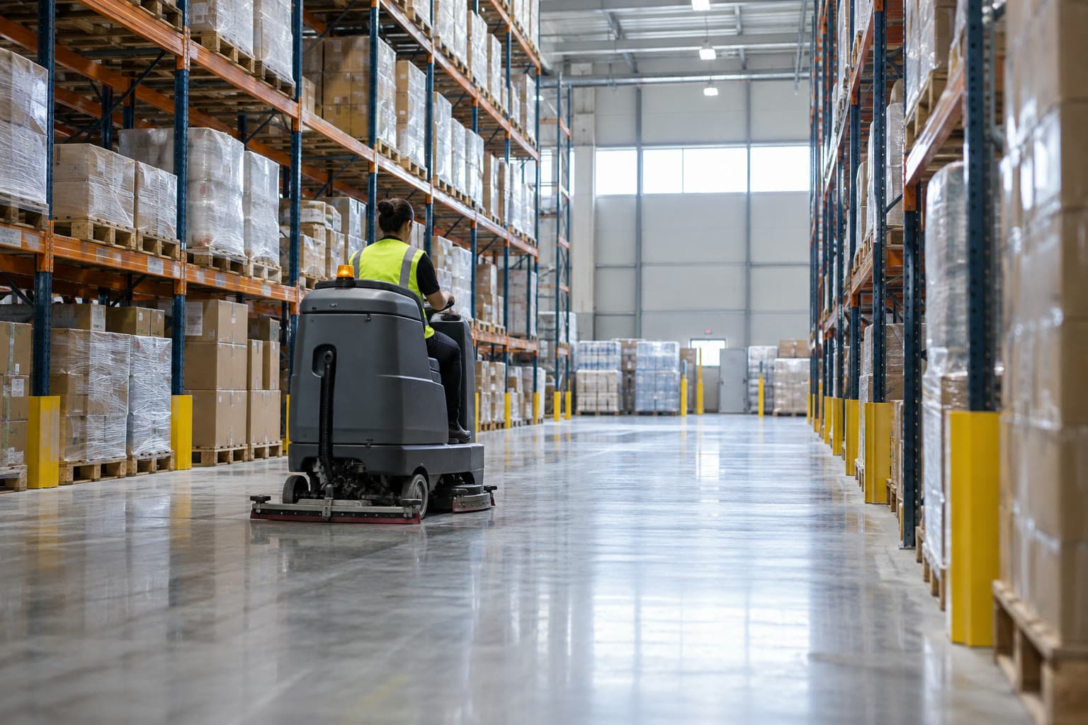 A floor scrubber cleaning an empty warehouse aisle