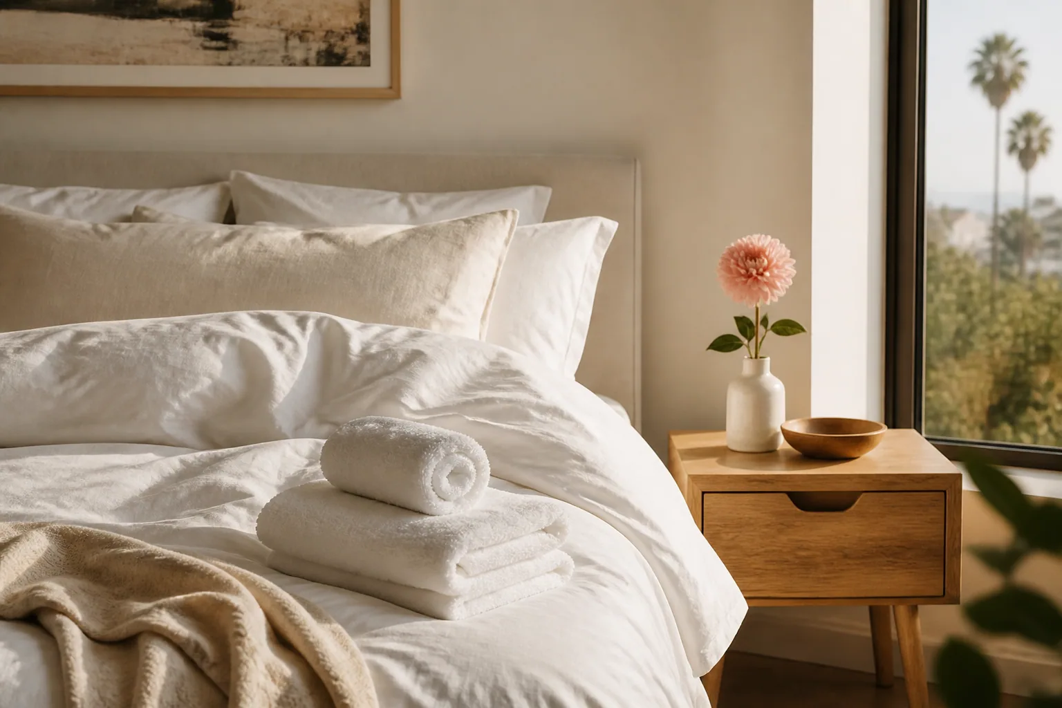 A guest bedroom prepared for a vacation-rental arrival for a Manhattan Beach service guide