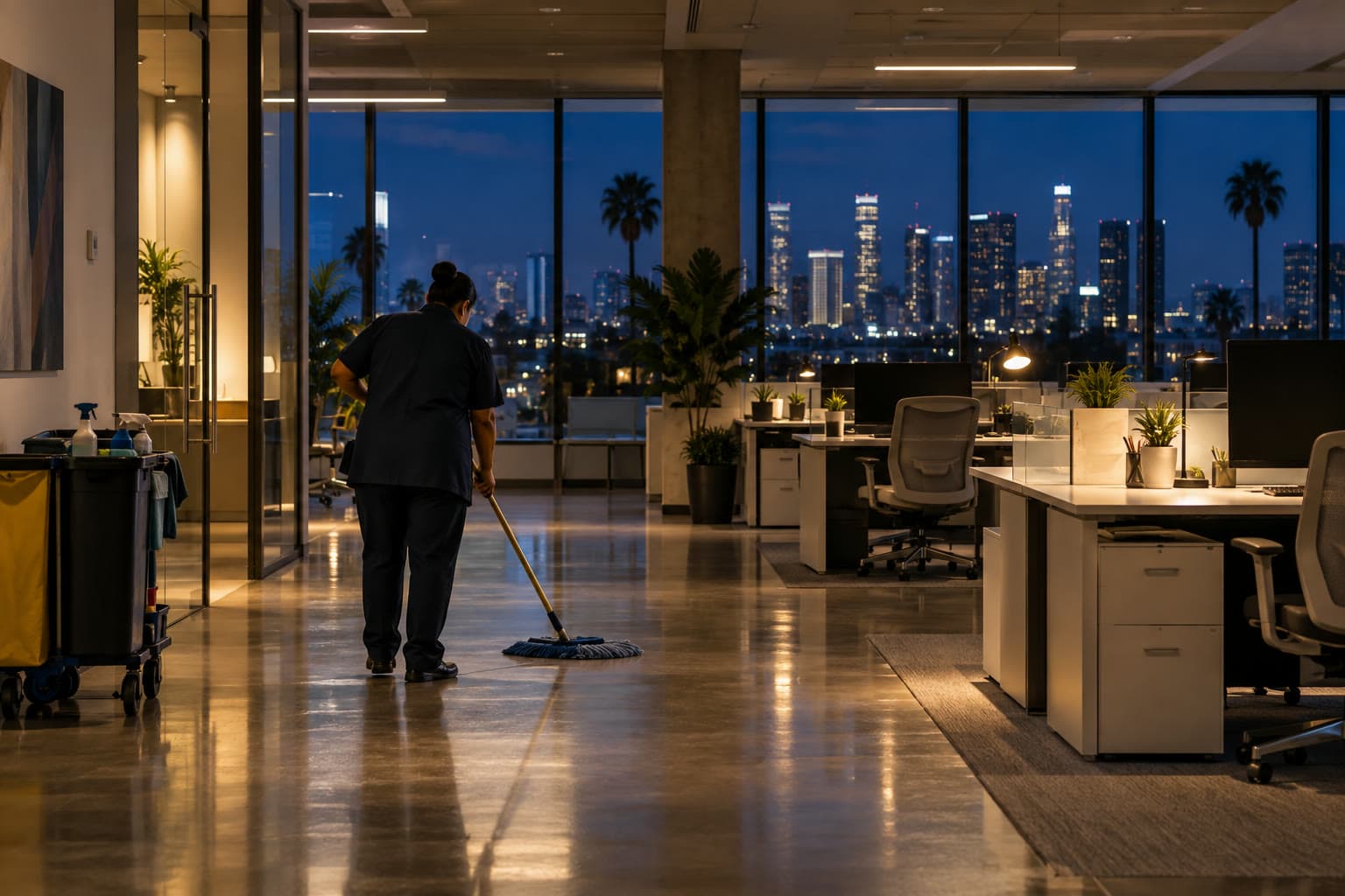 A cleaner mopping an empty office at night