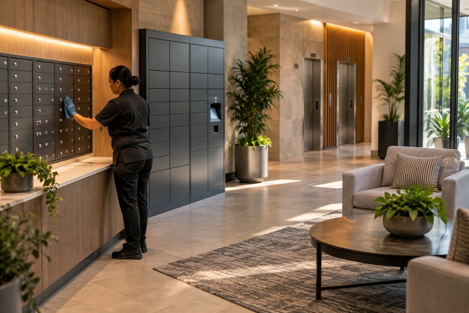 A cleaner tending the lobby and mailroom of an apartment complex