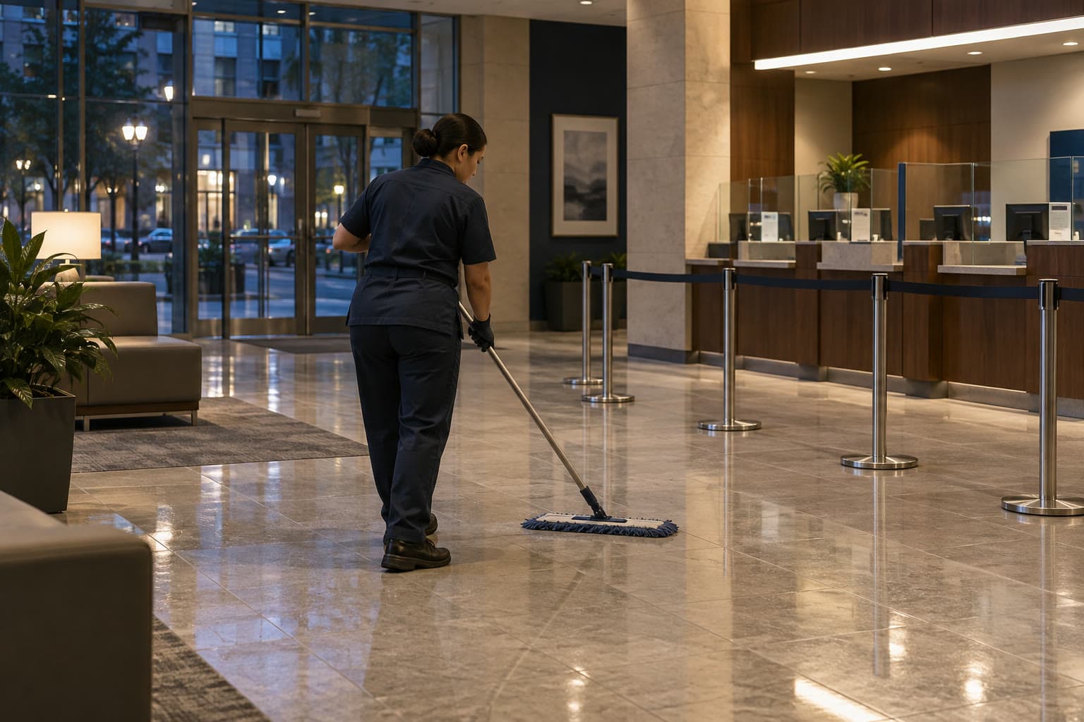 A cleaner maintaining the floor of a bank branch lobby after closing