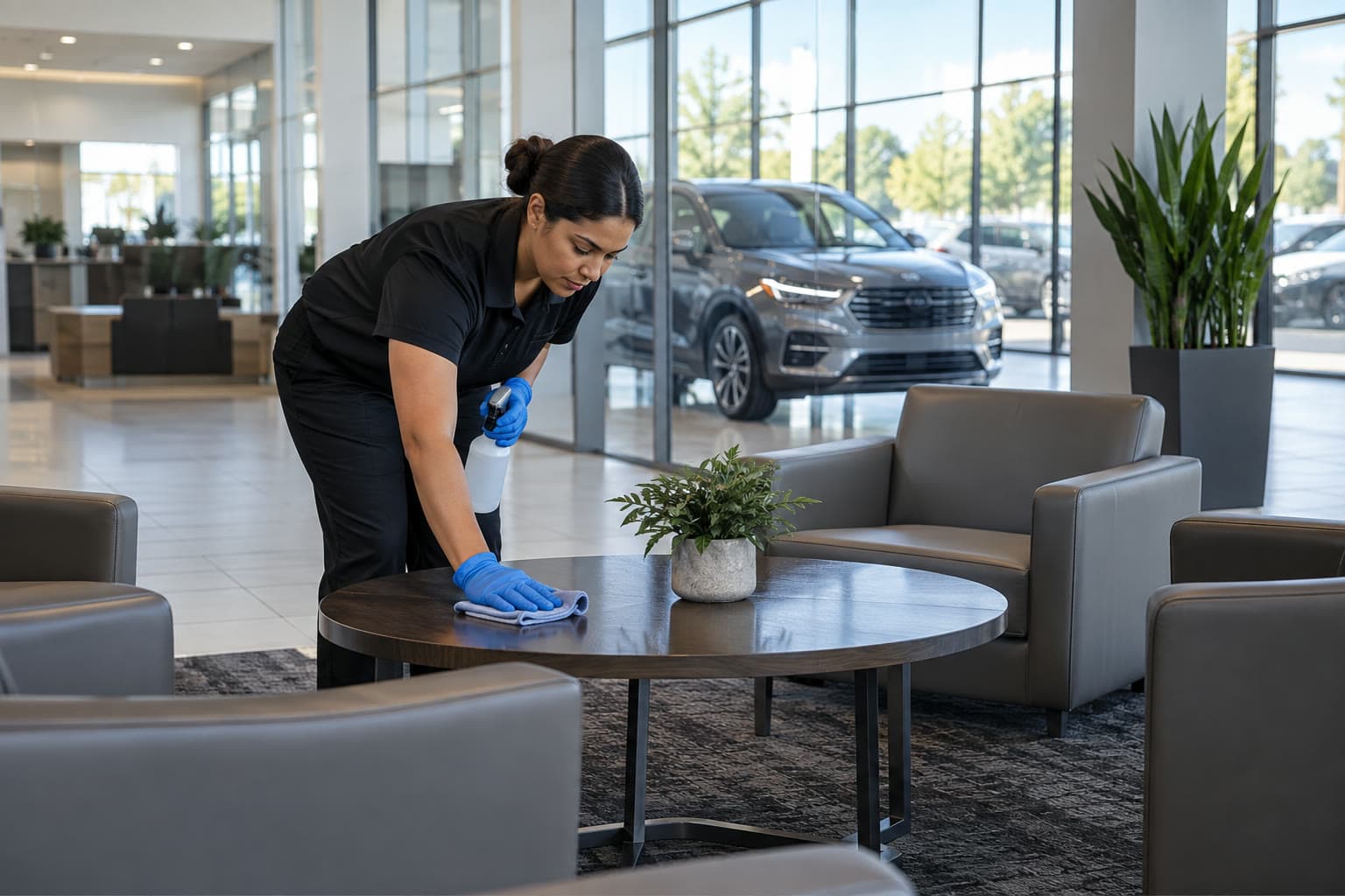 A cleaner wiping a car dealership customer lounge table