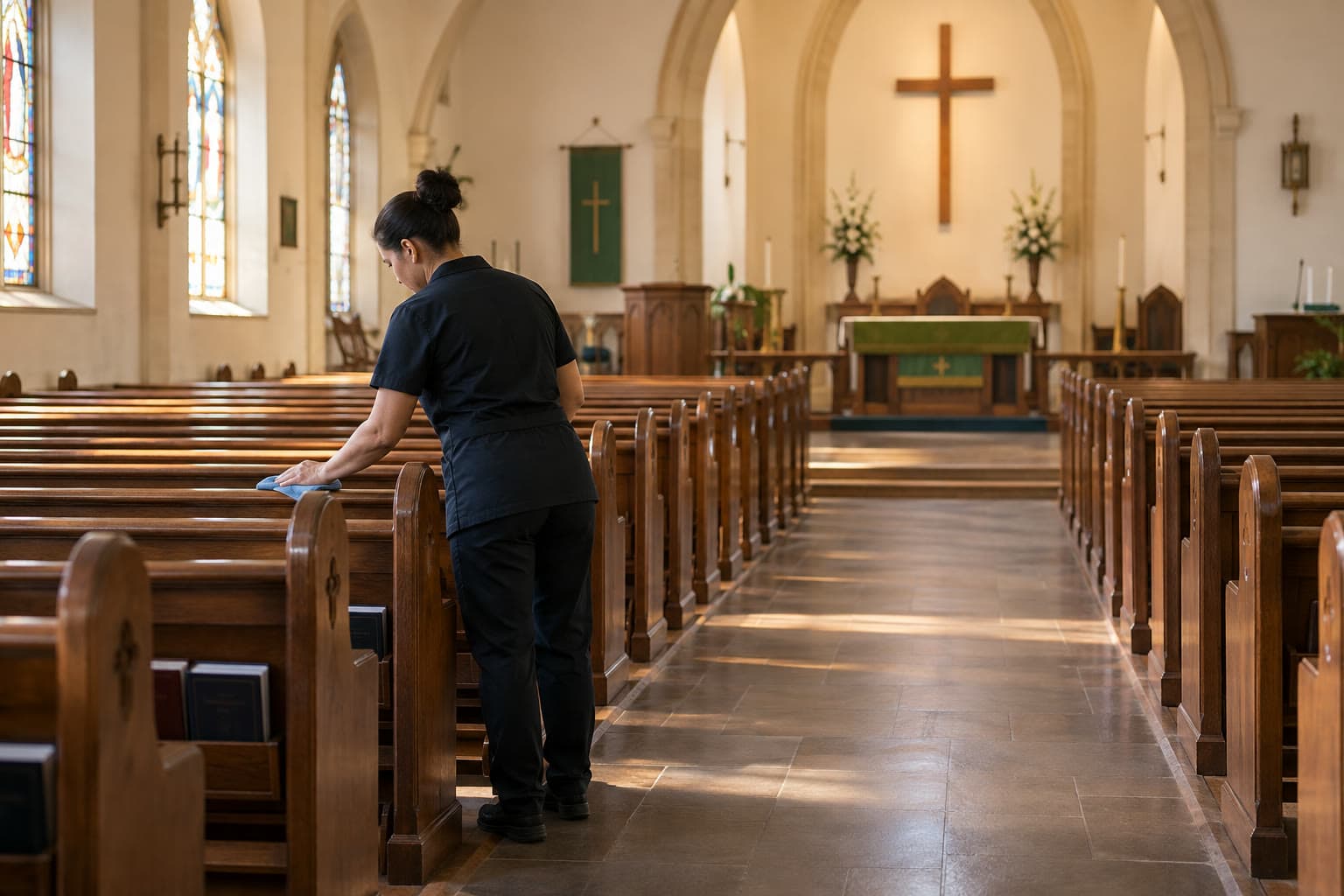 A cleaner dusting pews in an empty church sanctuary