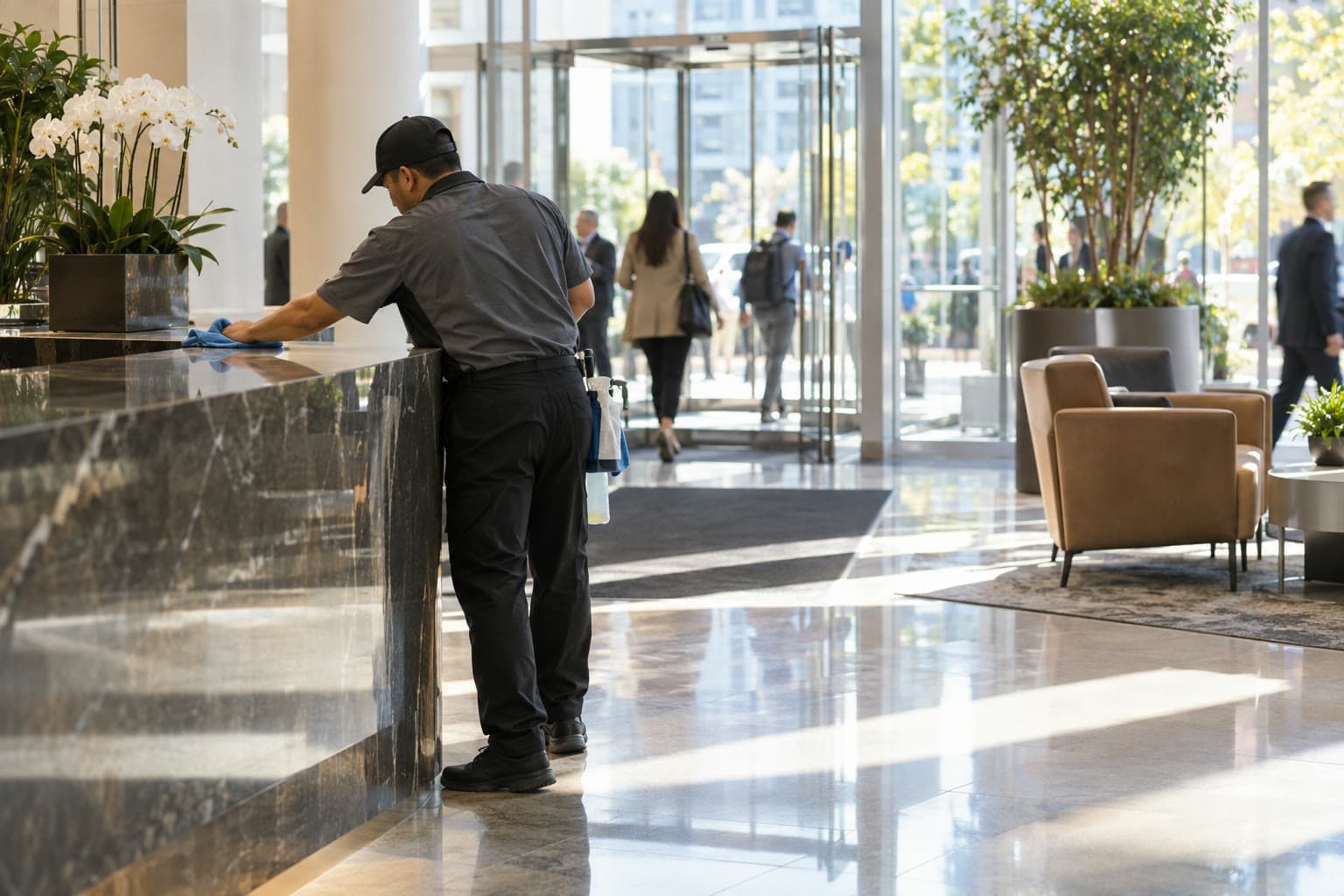A day porter wiping a lobby entry while the building is open