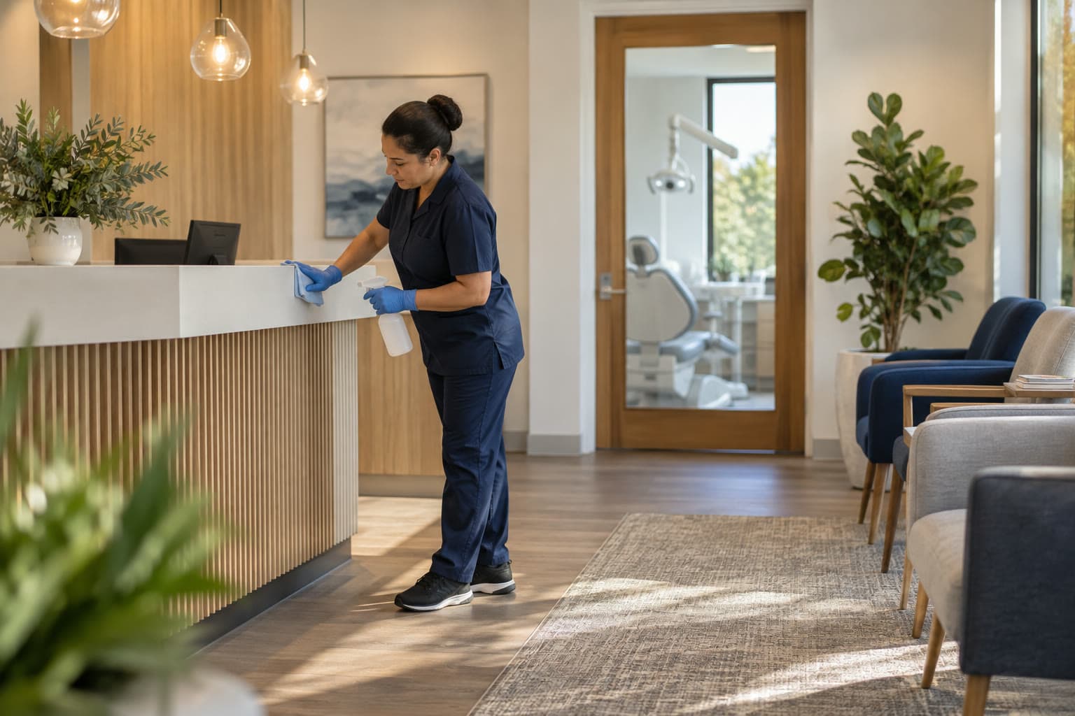 A cleaner wiping the reception counter of a dental practice