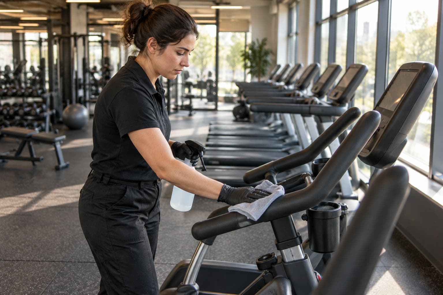 A cleaner wiping equipment touchpoints in a fitness center