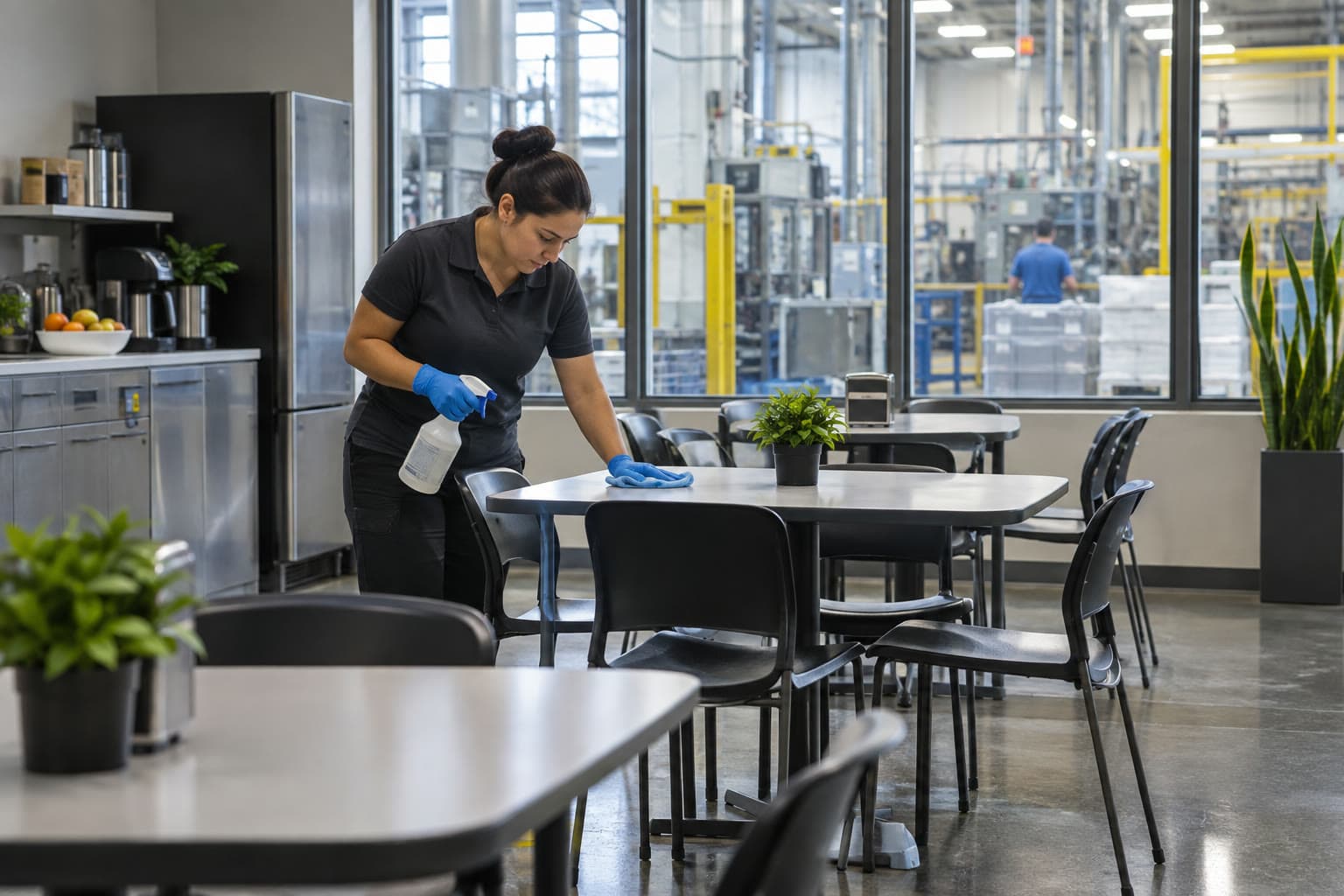 A cleaner tending a manufacturing facility breakroom