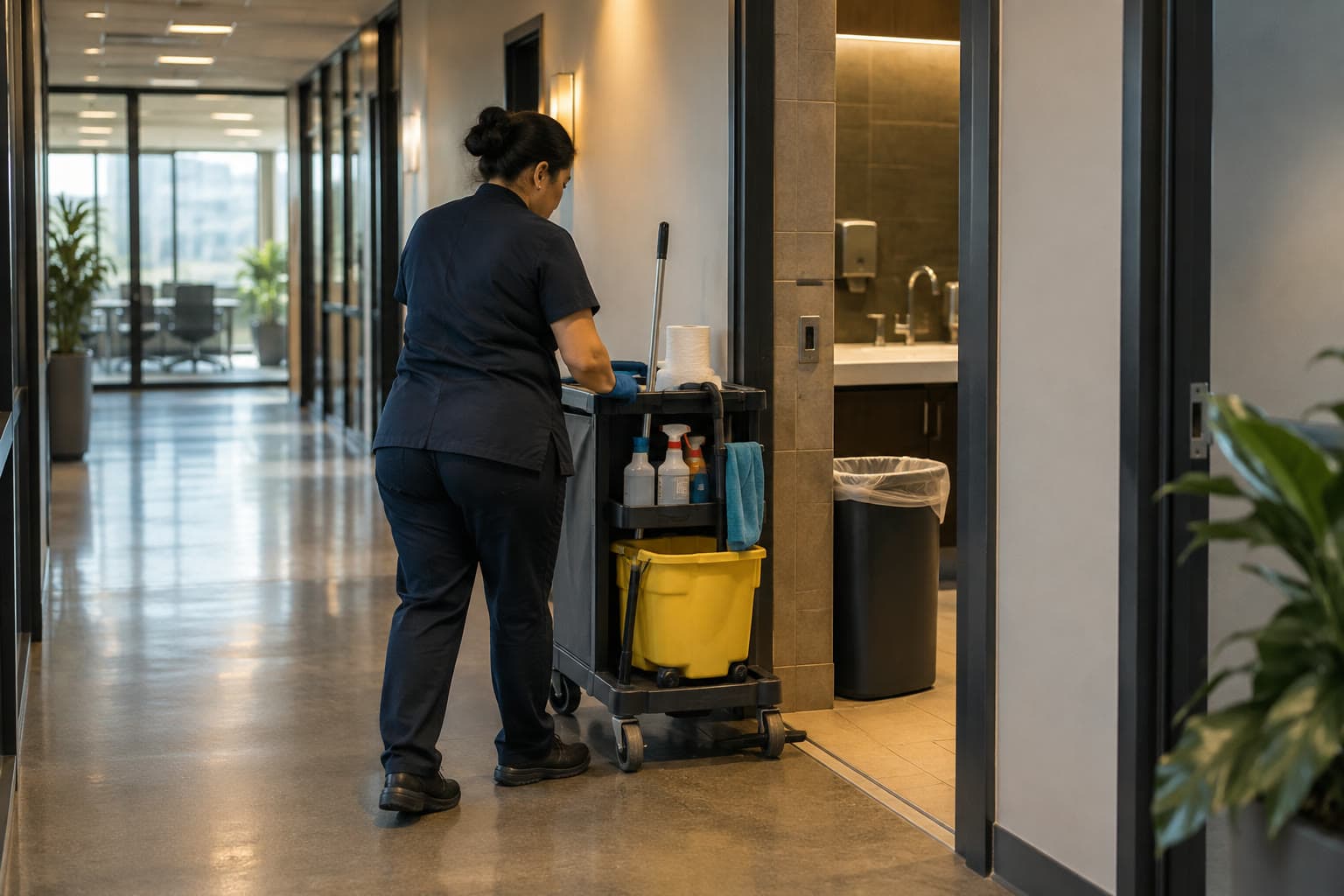 A janitorial cleaner working beside an office restroom with a supply cart