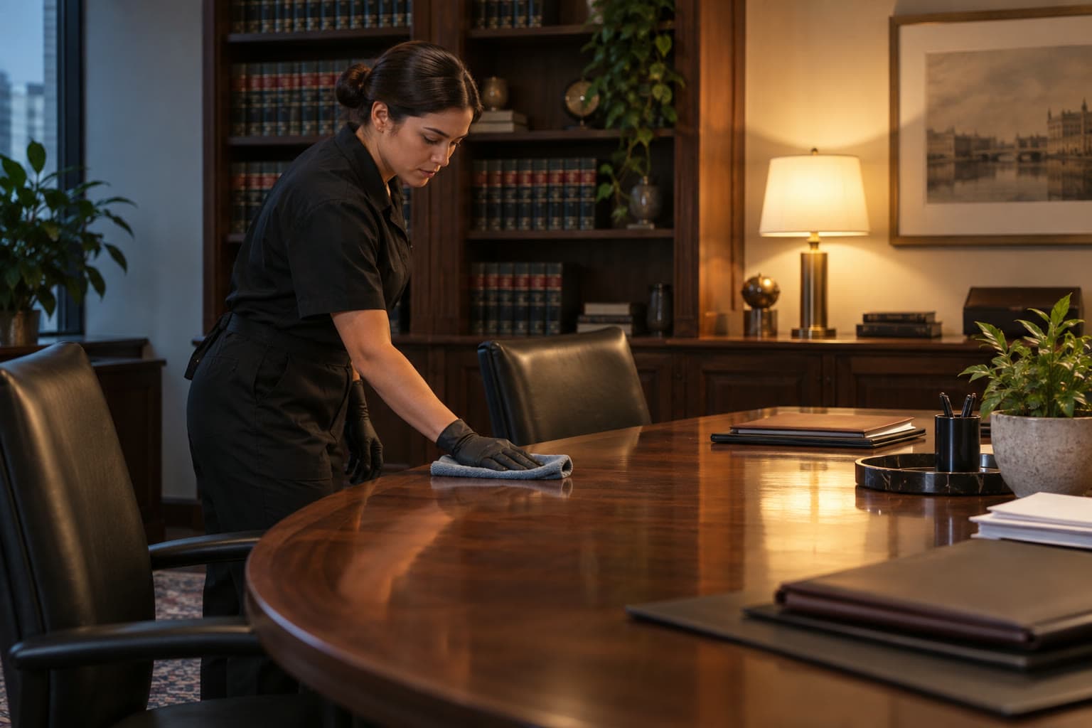 A cleaner dusting a law firm conference table after hours