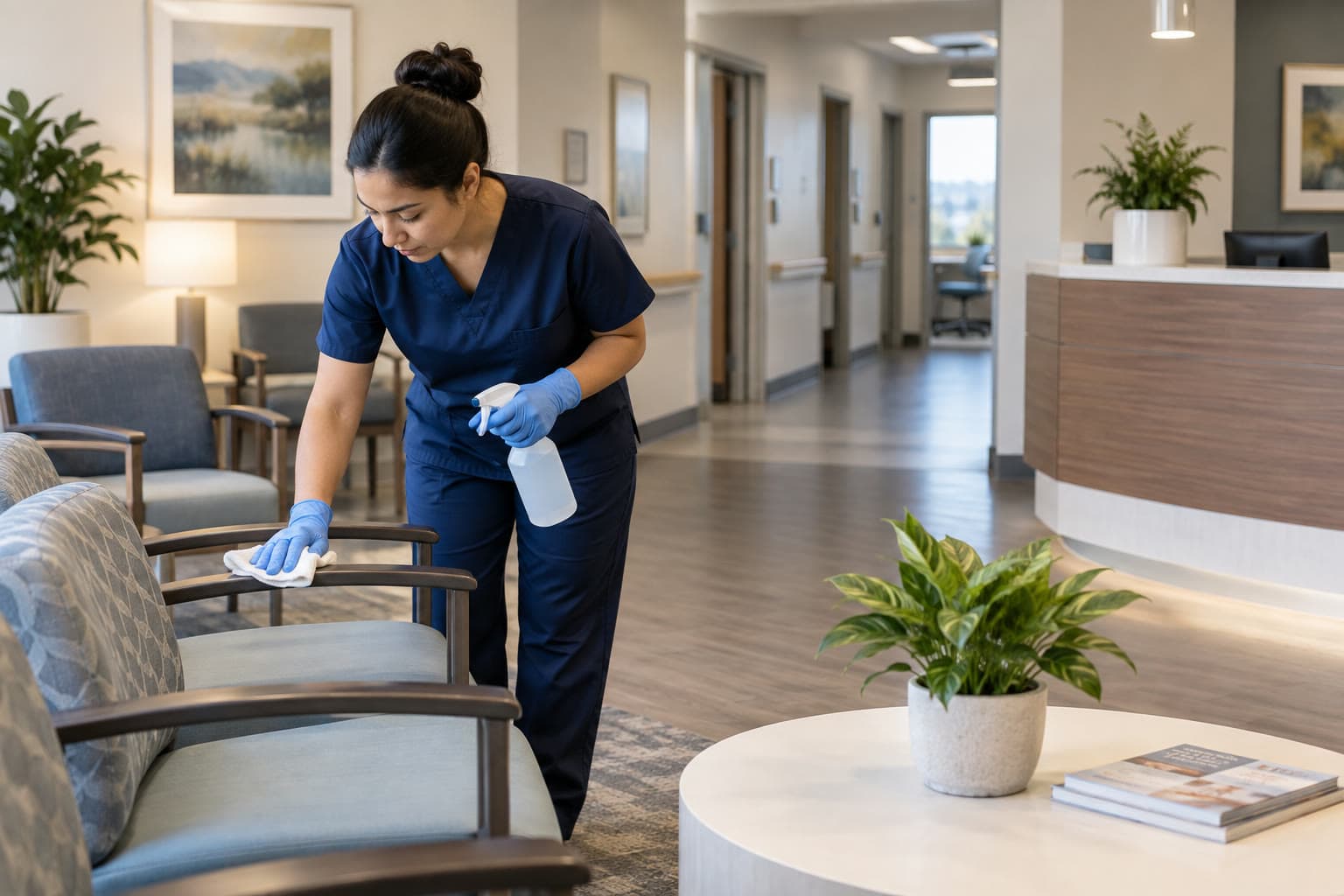 A cleaner tending a medical office waiting-room chair