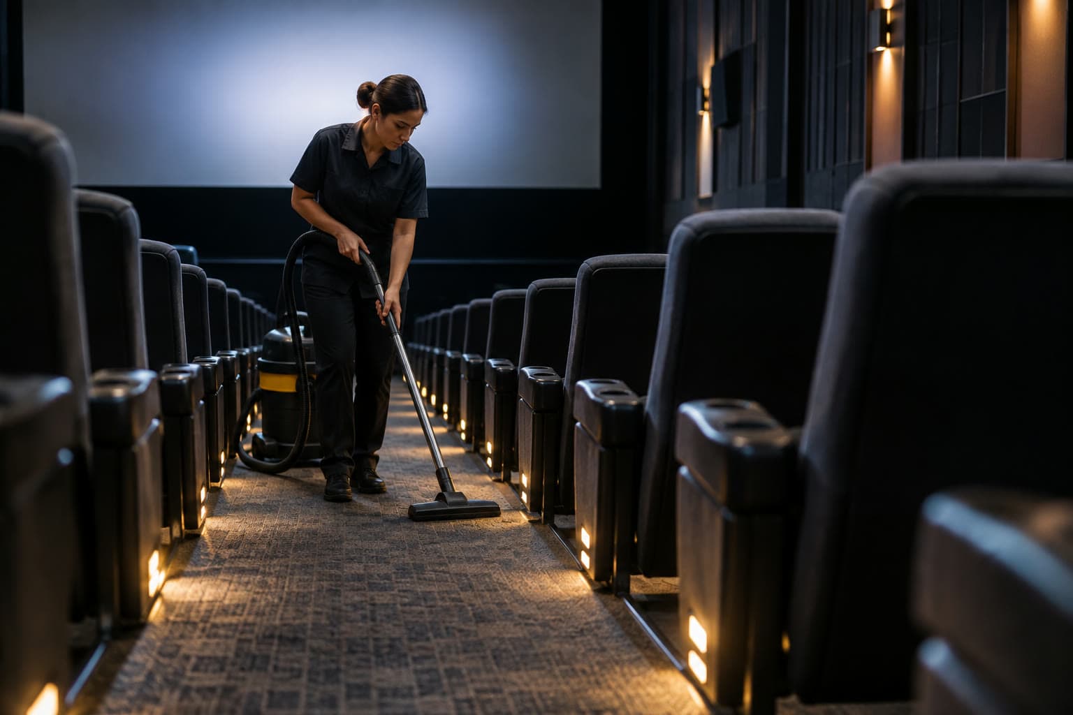 A cleaner vacuuming between seats in an empty movie theater
