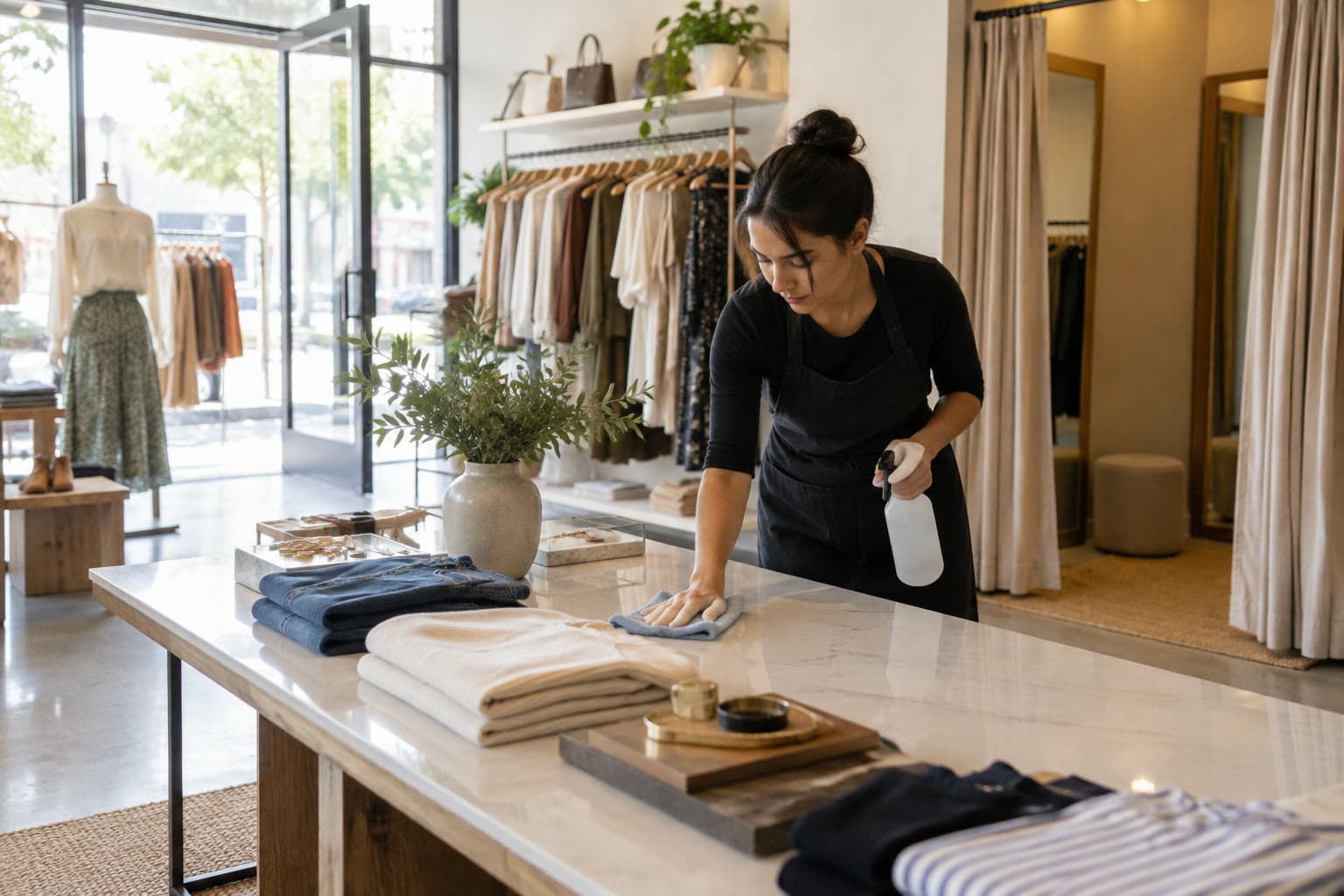 A cleaner wiping a clothing store display before opening