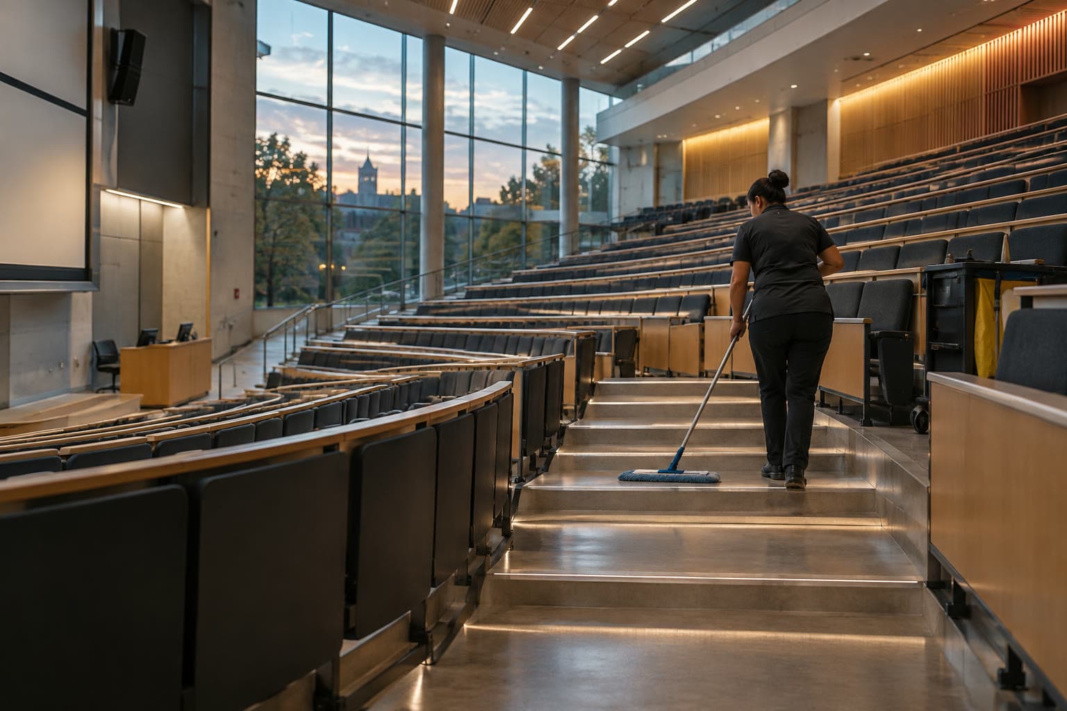 A cleaner tending a tiered university lecture hall