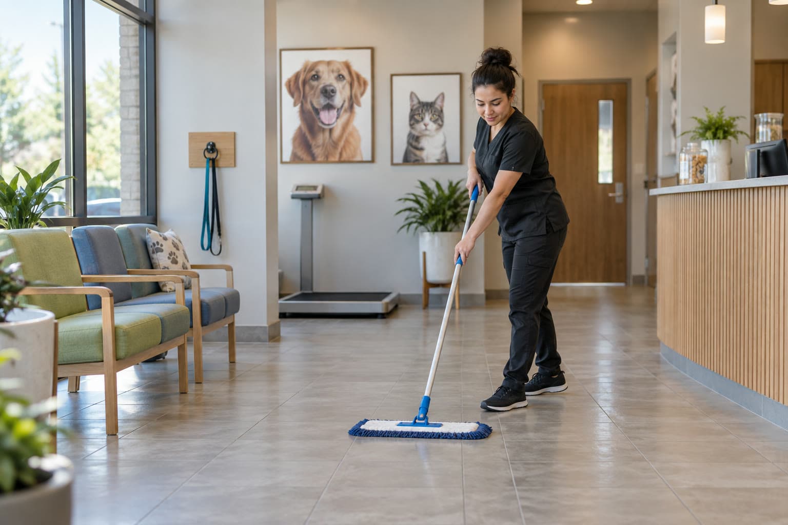 A cleaner mopping the lobby of a veterinary clinic