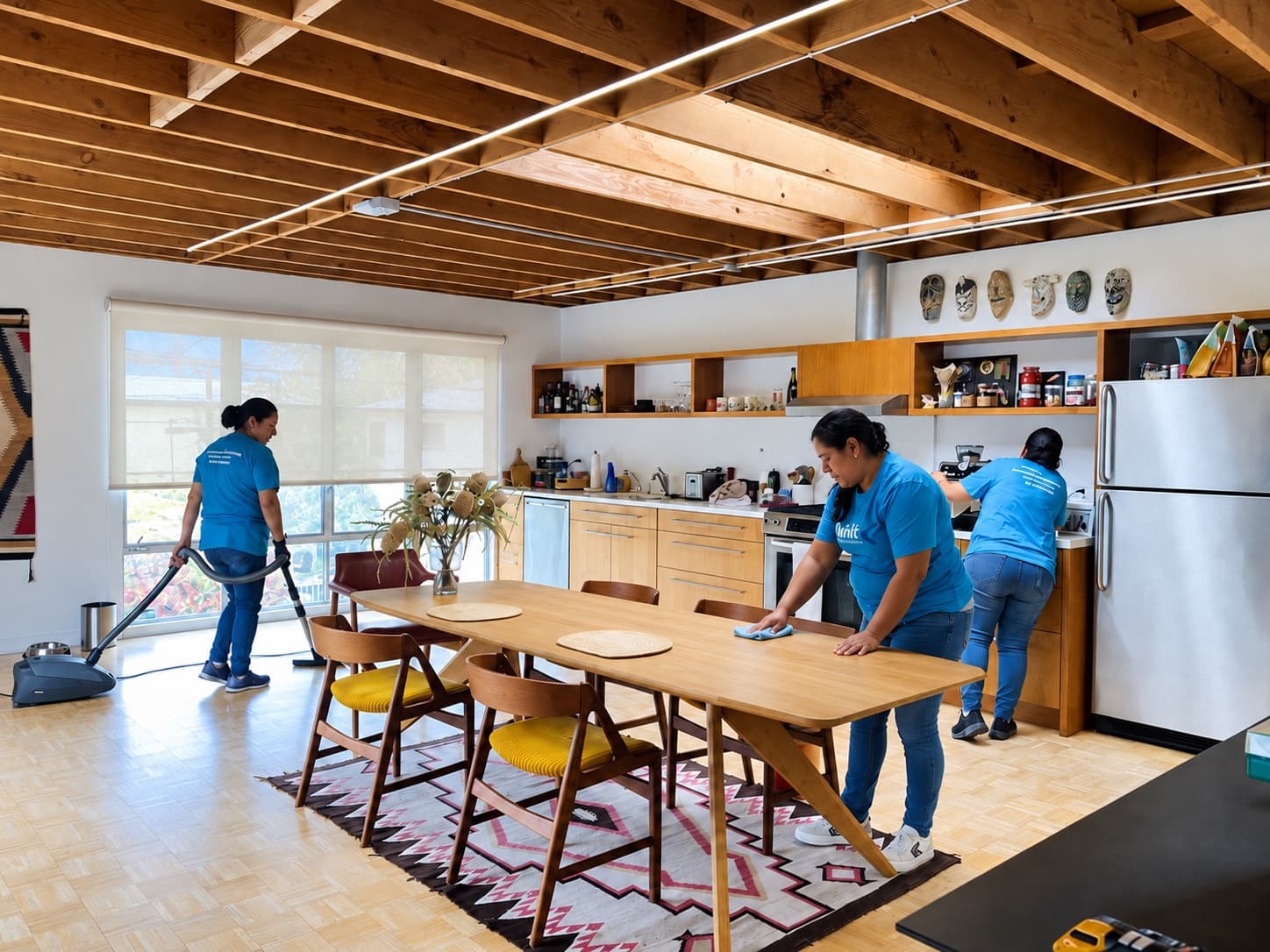 Three Qinti cleaners working in a residential dining and kitchen area